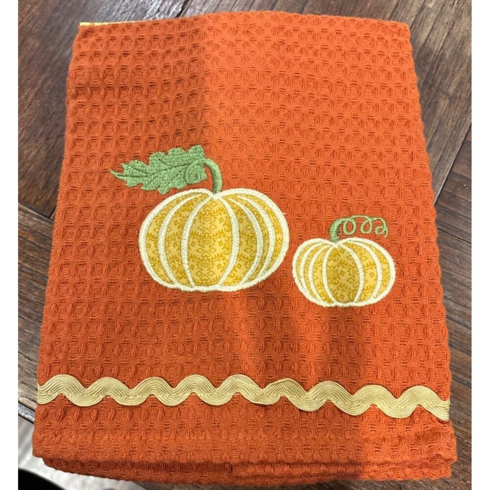 Set Of 3 Fall Kitchen Towels With Pumpkin Embroidery & Plaid Design Orange & Yel